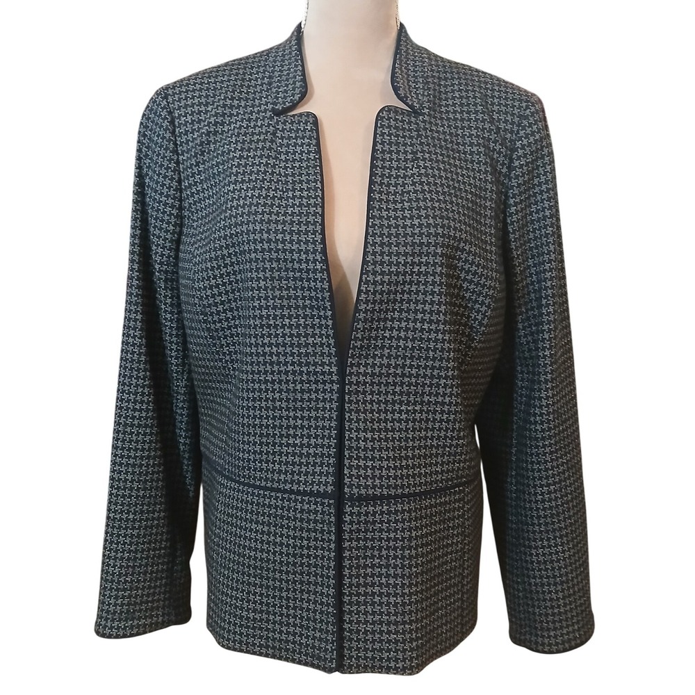 Talbots Women's Blazer Jacket Size 14 Houndstooth Open Front Navy Blue